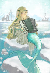 1girl absurdres accordion bare_shoulders blonde_hair blue_eyes blue_sky crane_(machine) day dress fairu_zia23 fang fang_out flower full_body hair_flower hair_ornament highres instrument long_hair looking_at_viewer mermaid monster_girl mountain music ocean on_ice playing_instrument reverse:1999 scales sitting sky smile snow solo vila_(reverse:1999) white_dress white_flower