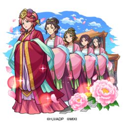 Rule 34 | 5girls, blue eyes, blue hair, blue sky, brown hair, building, chinese clothes, closed mouth, cloud, collarbone, company name, copyright name, day, earrings, falling petals, flower, forehead, full body, gyokuyou (kusuriya no hitorigoto), hair flower, hair ornament, hands on own chest, hands up, hanfu, jewelry, kusuriya no hitorigoto, long sleeves, looking ahead, lowres, monster strike, multiple girls, necklace, official art, outdoors, parted bangs, pavement, petals, pink flower, pink hair, pink hanfu, pink petals, red eyes, red hair, red hanfu, sidelocks tied back, sky, transparent background, updo