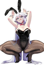 1girl amaairito animal_ears arms_up bow bowtie breasts detached_collar hair_between_eyes high_heels highres indie_virtual_youtuber large_breasts leotard long_hair looking_at_viewer pantyhose playboy_bunny rabbit_ears simple_background solo strapless strapless_leotard tongue tongue_out vei_(vtuber) very_long_hair virtual_youtuber white_background white_hair wrist_cuffs