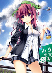 1girl :d animal black_jacket blue_skirt blue_sky blush breasts bug can chameleon checkered_clothes checkered_skirt cleavage collarbone contrail covered_erect_nipples day drink_can earrings female_focus fly handrail highres inami_yura insect jacket jewelry kai_yuuki long_hair long_sleeves looking_at_viewer medium_breasts navel on_head open_clothes open_jacket open_mouth original outdoors parted_lips purple_eyes red_hair reptile road_sign shirt sign skirt sky smile soda_can solo standing sunglasses watermark white_shirt