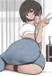 1girl ass ass_focus asymmetrical_clothes bed_sheet black_hair blush breasts clenched_teeth commission curtains denim highres indoors jeans large_breasts looking_at_viewer multicolored_hair on_bed original pants parted_lips reclining red_eyes red_hair short_hair shoulder_tattoo single_pantsleg solo strapless tattoo teeth thigh_strap tube_top twin_(tt_lsh) two-tone_hair v v-shaped_eyebrows