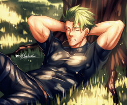 Rule 34 | 1boy, achilles (fate), arms behind head, arms up, black pants, black shirt, day, fate/grand order, fate (series), grass, green hair, highres, male focus, mouth hold, outdoors, pants, pectorals, shirt, short hair, solo, stalk in mouth, tree, under tree, yaekaidou