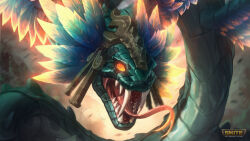 Rule 34 | absurdres, animal, aztec mythology, blue feathers, copyright name, feathers, forked tongue, giant snake, glowing, glowing eyes, highres, kukulcan, kukulkan (azure skies) (smite), kukulkan (smite), logo, long tongue, mayan mythology, monster, no humans, official art, open mouth, orange eyes, oversized animal, quetzalcoatl (mythology), sharp teeth, smite, snake, solo, teeth, tongue, tongue out