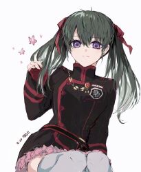 1girl badge belt birthday black_coat black_order_uniform bow coat cropped_legs cross d.gray-man earrings fingerless_gloves gloves green_hair grey_thighhighs hair_between_eyes hair_bow hair_ribbon happy_birthday highres holding holding_own_hair jewelry lenalee_lee light_smile long_hair looking_at_viewer military military_uniform miniskirt pink_skirt pink_star pleated_skirt purple_eyes red_bow red_gloves red_ribbon red_stripes ribbon simple_background sitting skirt sodamachi solo star_(symbol) striped_coat stud_earrings thighhighs thighs twintails vertical-striped_coat white_background zettai_ryouiki