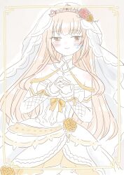 1girl artist_name assault_lily bare_shoulders blush bow breasts bridal_veil bride brown_background brown_eyes brown_hair carnation closed_mouth clothing_cutout collar commentary_request cowboy_shot detached_sleeves dress dress_bow dress_flower flower fumi_(fumifumi3axl) hair_flower hair_ornament highres inset_border interlocked_fingers long_hair long_sleeves looking_at_viewer medium_breasts navel official_alternate_costume official_alternate_hairstyle orange_bow orange_flower orange_ribbon outside_border own_hands_clasped own_hands_together pink_carnation pink_flower ribbon simple_background sleeves_past_wrists smile solo standing stomach_cutout strapless strapless_dress tada_shiera tiara veil very_long_hair wedding_dress white_collar white_dress white_veil