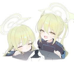 Rule 34 | 1boy, 2girls, armband, black jacket, blue archive, blue armband, blush, closed eyes, closed mouth, fang, green hair, green halo, halo, highres, hikari (blue archive), jacket, long sleeves, looking at viewer, multiple girls, nozomi (blue archive), open mouth, pointy ears, sensei (blue archive), siblings, simple background, sisters, skin fang, smile, train conductor, twins, unfinished, white background, white cat (artist)