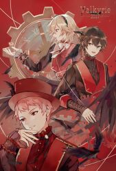 2017 3boys black_hair blonde_hair blue_eyes clock ensemble_stars! gears group_name hat heterochromia itsuki_shu kagehira_mika long_sleeves male_focus mini_hat mini_top_hat multiple_boys nagiya03 nito_nazuna pink_hair purple_eyes red_background red_eyes short_hair top_hat valkyrie_(ensemble_stars!) yellow_eyes