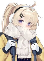 Rule 34 | 1girl, absurdres, ahoge, black gloves, blonde hair, bloom muchi, blue archive, blush, commentary, earmuffs, gloves, hair ornament, highres, holding strap, jacket, kotama (blue archive), kotama (camp) (blue archive), long hair, long sleeves, looking at viewer, no eyewear, open clothes, open jacket, ponytail, puffy long sleeves, puffy sleeves, purple eyes, scarf, simple background, solo, two-tone gloves, upper body, white background, white gloves, white scarf, yellow jacket