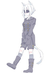 1girl absurdres animal_ears black_boots black_gloves black_jacket black_shoes blindfold boots character_request check_character full_body gloves grey_socks hair_between_eyes highres horse_ears horse_girl horse_tail jacket own_hands_together parted_lips seila_rei seiun_sky_(umamusume) shoes simple_background socks solo tail umamusume walking white_background white_hair