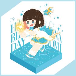 1girl asahina_kokomi battle_girl_high_school blue_eyes blue_shoes blue_skirt braid brown_hair character_name chibi chibi_only commentary_request constellation crown earrings full_body happy_birthday jewelry motyomi open_mouth pegasus_(constellation) perseus_(constellation) pleated_skirt shirt shoes short_hair skirt solo star_(symbol) white_shirt