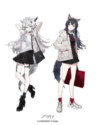 2girls ahoge alternate_costume animal_ear_fluff animal_ears arknights arms_behind_head bag black_choker black_hair blue_eyes boots casual choker copyright_name grey_eyes grey_hair grey_tail hair_between_eyes hair_ornament hairclip head_tilt high-waist_shorts high_heel_boots high_heels highres jacket lappland_(arknights) long_hair material_growth multiple_girls noco_(adamas) official_art open_clothes open_jacket oripathy_lesion_(arknights) rhodes_island_logo_(arknights) scar scar_across_eye scar_on_face shirt shoes shopping_bag short_sleeves shorts shoulder_bag sidelocks skort smile sneakers socks tail texas_(arknights) thigh_strap white_jacket white_shirt wolf_ears wolf_girl wolf_tail