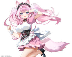 Rule 34 | 1girl, animal ear fluff, animal ears, apron, arm up, black shoes, blush, breasts, fang, frilled apron, frills, hair between eyes, hakui koyori, hololive, kurot, large breasts, long hair, official art, open mouth, pink hair, pink skirt, pleated skirt, puffy short sleeves, puffy sleeves, purple eyes, shoes, short sleeves, simple background, skirt, solo, standing, standing on one leg, tail, twintails, v, v over eye, very long hair, virtual youtuber, waist apron, wavy mouth, white apron, white background, wrist cuffs