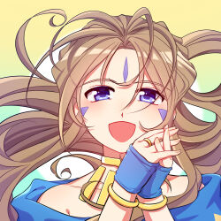 1girl aa_megami-sama bare_shoulders belldandy blue_dress blue_eyes blue_gloves bracelet brown_hair commentary dress eg_ergou facial_mark fingerless_gloves forehead_mark gloves highres jewelry light_blush long_hair looking_at_viewer necklace open_mouth ring smile solo