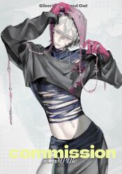 1boy black_shirt blue_eyes closed_mouth commission cowboy_shot english_text gloves grey_hair highres jewelry looking_to_the_side male_focus multiple_rings navel original pink_gloves ring shirt short_hair solo torn_clothes znzn1109zn