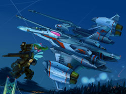 1boy 1girl aircraft airplane alien angry battle bridge building cannon cheyenne_ii city cloud cockpit contrail couple dome dress ex-gear explosion flying giant giantess green_hair gun hat helmet hetero inui&#039;s_meltran inui_(jt1116) island_1 jet long_hair machine_gun macross macross_frontier macross_frontier:_itsuwari_no_utahime mecha mecha_to_identify meltrandi night open_mouth outdoors pilot_suit pointy_ears power_suit riding robot s.m.s. saotome_alto science_fiction shouting sky spacecraft vajra_(macross) vehicle_focus vf-25 weapon zentradi