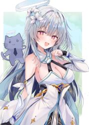1girl :d absurdres amayui_hiiro bare_shoulders blush breasts cat cleavage commentary_request commission cosplay detached_sleeves dress flower genshin_impact grey_hair hair_between_eyes hair_flower hair_ornament halo highres indie_virtual_youtuber large_breasts long_hair long_sleeves looking_at_viewer lumine_(genshin_impact) lumine_(genshin_impact)_(cosplay) maruro open_mouth purple_hair second-party_source skeb_commission smile solo very_long_hair white_dress white_flower