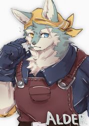 1boy absurdres alder_(cuisineer) animal_ears ao_gravity bandana blue_eyes blue_gloves blue_shirt blush character_name commentary_request cuisineer flying_sweatdrops furry furry_male gloves heterochromia highres leather_apron looking_at_viewer male_focus scar_across_eyebrow scar_on_face scratching_cheek shirt upper_body wolf_boy wolf_ears yellow_bandana yellow_eyes