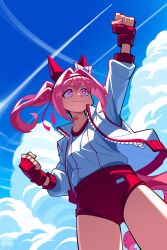 1girl absurdres animal_ears arm_up blue_sky bow breasts buruma clenched_hands closed_mouth cloud contrail day ear_bow ear_covers fingerless_gloves from_below gloves gym_uniform hair_intakes haru_urara_(umamusume) headband highres horse_ears horse_girl horse_tail jacket long_hair long_sleeves looking_up open_clothes open_jacket outdoors pink_eyes pink_hair ponytail red_buruma red_gloves red_jacket shirt shorts sky smile solo sportswear tail track_jacket ueko_(ueko_t) umamusume white_jacket white_shirt