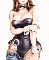 1girl :3 arm_under_breasts award_ribbon black_bow black_bowtie black_cuff_links black_leotard bow bowtie breasts brown_hair cleavage closed_mouth clothes_pull covered_navel cuff_links denim detached_collar fishnet_pantyhose fishnets fishnets_under_jeans hand_on_own_arm highleg highleg_leotard holding_own_arm jeans legs_together leotard leotard_under_clothes long_hair maguta medium_breasts original pants pants_pull pantyhose playboy_bunny pointy_chin side-tie_leotard simple_background smile solo standing strapless strapless_leotard traditional_bowtie white_background white_wrist_cuffs wrist_cuffs