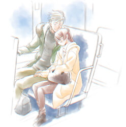 2boys bag blunt_sidelocks boots brown_boots brown_hair brown_pants bungou_to_alchemist chair closed_mouth coat couple duffel_bag full_body fur-trimmed_jacket fur_trim futabatei_shimei_(bungou_to_alchemist) glasses green_jacket grey_hair grey_sweater hair_between_eyes highres holding holding_bag hood hood_down hooded_coat jacket kacka leaning_on_person leaning_to_the_side light_blush long_hair long_sleeves male_focus multiple_boys open_clothes open_jacket pants parted_lips ponytail round_eyewear short_bangs short_hair sidelocks sitting sleeping sleeping_upright smile sweater train_interior tsubouchi_shouyou_(bungou_to_alchemist) turtleneck turtleneck_sweater white_sweater window yaoi yellow_coat yellow_pants