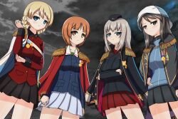 4girls black_coat black_headwear black_jacket black_skirt black_sky blonde_hair blue_eyes blue_headwear blue_jacket blue_skirt braid brown_eyes brown_hair closed_mouth coat coat_on_shoulders collared_shirt crossed_arms darjeeling_(girls_und_panzer) dress_shirt earlobe1514366 epaulettes fringe_trim frown garrison_cap girls_und_panzer girls_und_panzer_senshadou_daisakusen! green_shirt grey_coat grey_hair hand_on_own_arm hand_on_own_hip hat highres insignia itsumi_erika jacket keizoku_military_uniform kuromorimine_military_uniform long_hair long_sleeves looking_at_viewer medal medium_hair mika_(girls_und_panzer) military_hat military_uniform miniskirt multiple_girls nishizumi_miho official_alternate_costume ooarai_military_uniform outdoors overcast pleated_skirt raglan_sleeves red_coat red_jacket red_shirt red_skirt sash shirt short_hair skirt sky smile st._gloriana&#039;s_military_uniform standing track_jacket trait_connection tulip_hat twin_braids undershirt white_coat white_sash white_skirt