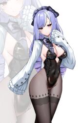 1girl ahoge alternate_costume black_leotard black_pantyhose breasts commentary_request covered_navel crossed_legs drill_hair hairband hand_up highres kushinaka leotard long_hair medium_breasts multicolored_hair pantyhose purple_eyes purple_hair purple_hairband shrug_(clothing) sleeves_past_fingers sleeves_past_wrists solo strapless strapless_leotard streaked_hair vivian_(zenless_zone_zero) white_hair white_shrug zenless_zone_zero zoom_layer