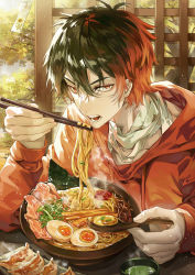 1boy absurdres bandaged_neck bandages black_hair bowl chopsticks cup drawstring dumpling egg_(food) food green_tea hair_between_eyes highres hizen_tadahiro holding holding_chopsticks holding_spoon hood hoodie jiaozi looking_at_viewer male_focus meat multicolored_hair noodles open_mouth ramen red_eyes red_hair red_hoodie short_hair solo spoon steam table tea teeth touken_ranbu tree tsukimiya_akira two-tone_hair upper_body wind_chime