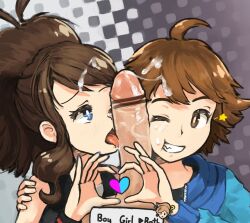 Rule 34 | 1girl, 2boys, bisexual male, cum, cum on hair, english text, heart, heart hands, hilbert (pokemon), hilda (pokemon), licking, multiple boys, nintendo, one eye closed, pokemon, pokemon bw, smile, star (symbol)