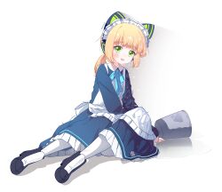 1girl :d absurdres accident animal_ear_headphones animal_ears apron aqua_bow aqua_bowtie back_bow black_boots black_dress blonde_hair blue_archive boots bow bowtie bucket cat_ear_headphones cat_ears chinese_commentary collared_dress commentary_request contrast_collar dress fake_animal_ears fallen_down frilled_apron frilled_dress frills full_body furrowed_brow green_eyes headphones highres long_sleeves looking_at_viewer low_ponytail maid maid_apron maid_headdress medium_hair midori_(blue_archive) midori_(maid)_(blue_archive) no_halo number_print official_alternate_costume open_mouth pantyhose ponytail puffy_long_sleeves puffy_sleeves shadow sidelocks simple_background sitting smile solo southernsandbox spill sweatdrop tears textless_version trembling water water_drop wet wet_hair white_apron white_background white_bow white_headdress white_pantyhose