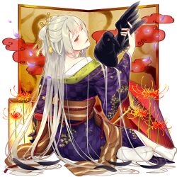 1girl animal back bare_shoulders bird bird_on_hand brown_eyes bug butterfly cherry_blossoms chicken chinese_zodiac comb eagle feathers floral_print flower folding_fan from_behind full_body giuniu hair_bun hair_ornament hair_stick hand_fan holding insect japanese_clothes kimono kiseru lipstick long_hair long_sleeves looking_at_viewer looking_back makeup morigan_raven nail_polish nape non-web_source obi off_shoulder oil-paper_umbrella open_mouth orange_eyes parted_lips petals ponytail purple_kimono red_eyes red_lips red_nails sandals sash sitting smile smoking_pipe snake socks solo tabi transparent_background uchi_no_hime-sama_ga_ichiban_kawaii umbrella very_long_hair white_hair wide_sleeves year_of_the_rooster yokozuwari