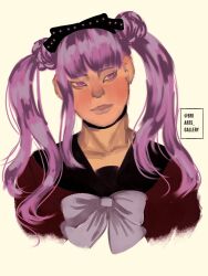 1girl black_bow black_hairband black_headband blush bow collarbone female_focus grey_background hair_bow hairband headband lips looking_at_viewer matching_hair/eyes pink_eyes pink_hair red_shirt shirt simple_background solo solo_focus the_hundred_line_-last_defense_academy- tsukumo_kako white_bow