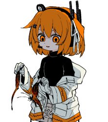 Rule 34 | 1girl, a.i. voice, adachi rei, animal, animal abuse, black shirt, bug, butterfly, commentary, cowboy shot, dizzyspells, empty eyes, gloves, grey skirt, hair ribbon, headlamp, headset, holding, holding animal, holding butterfly, hood, hooded jacket, insect, jacket, jacket partially removed, long sleeves, looking at viewer, one side up, open clothes, open jacket, open mouth, orange eyes, orange hair, radio antenna, ribbon, shirt, short hair, simple background, skirt, smile, solo, torn wings, turtleneck, turtleneck shirt, utau, white background, white gloves, white jacket, white ribbon, wings