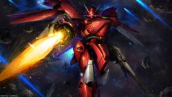 Rule 34 | absurdres, arm cannon, asteroid, battle, beam rifle, cable, color variation, company name, copyright notice, debris, energy gun, energy sword, gerbera tetra kai, gundam, gundam battle operation 2, gundam gihren no yabou, highres, lens flare, machinery, mecha, mecha focus, mobile suit, nebula, no humans, official art, one-eyed, painting (medium), pink eyes, realistic, robot, scan, science fiction, solo, space, sunrise (company), sword, tenjin hidetaka, thrusters, traditional media, weapon, zeon