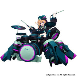 1girl bad_link collared_jacket cosmic_break criss-cross_halter drum drum_set drumsticks fang halterneck hat holding holding_drumsticks instrument jacket looking_at_viewer midriff multicolored_hair navel official_art open_mouth orange_hair purple_eyes purple_hair short_hair short_shorts shorts skin_fang solo split-color_hair