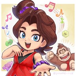 Rule 34 | 1boy, 1girl, :d, arm up, bare arms, bare shoulders, black shirt, blue eyes, brown hair, clenched hands, closed eyes, donkey kong, donkey kong (series), donkey kong bananza, freckles, hair intakes, hand on own chest, hand up, highres, jewelry, looking at viewer, mario (series), medium hair, motion lines, musical note, necklace, necktie, nintendo, one side up, open mouth, pauline (mario), pauline (young) (mario), reaching, reaching towards viewer, red necktie, red shirt, shirt, sleeveless, sleeveless shirt, smile, straight hair, suruga kanade, teeth, twitter username, upper teeth only, white background, yellow background