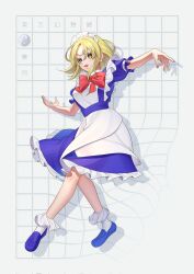 Rule 34 | 1girl, apron, blonde hair, blue dress, bow, dress, grid, grid background, guumin, highres, lotus land story, maid, maid headdress, mugetsu (touhou), puffy sleeves, red bow, ribbon, short hair, short sleeves, smile, touhou, touhou (pc-98), waist apron, warped, yellow eyes