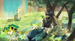 Rule 34 | 1boy, ?, absurdres, against tree, ahoge, ajaw (genshin impact), aqua pants, baggy pants, black gloves, black hair, black shirt, bracelet, checkered headband, chinese commentary, cliff, closed mouth, collared shirt, commentary request, crossed bangs, day, feet out of frame, flower, genshin impact, gloves, grass, green headband, hair between eyes, headband, high collar, highres, jewelry, kinich (genshin impact), light frown, light particles, male focus, meng qiao, mouth hold, outdoors, pants, shirt, short hair, short sleeves, sleeping, solo, sunglasses, sunlight, tree, under tree, water, waterfall, white flower, yumkasaurus (genshin impact), zipper, zipper pull tab