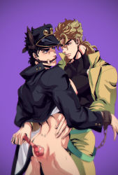 2boys animal_ears bit_gag black_hair blonde_hair bottomless cat_tail cuffs cum cum_on_ass cum_on_body dio_brando fake_animal_ears gag gagged gagged_male handcuffs highres horse_ears jacket jojo_no_kimyou_na_bouken kuujou_joutarou less_end long_coat mullet multiple_boys muscular muscular_male paw_wand pixel_art stardust_crusaders tail turtleneck yaoi yellow_jacket