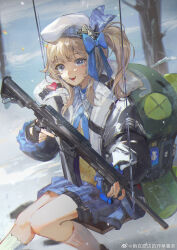1girl backpack bag black_gloves black_jacket blonde_hair blue_bow blue_neckerchief blue_skirt bow collared_shirt day fingerless_gloves fingernails girls&#039;_frontline girls&#039;_frontline_2:_exilium glove_cutout gloves gun hair_bow hair_ornament hat hat_ornament highres holding holding_gun holding_weapon jacket kneehighs liyuliyuzhou long_hair neckerchief on_swing one_side_up outdoors pleated_skirt semi-automatic_shotgun shirt shotgun sidelocks skirt socks solo sunlight swing vepley_(girls&#039;_frontline_2) vepr-12 watermark weapon weibo_watermark white_hat white_socks yellow_shirt