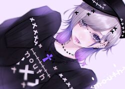 1girl absurdres artist_logo barbell_piercing black_hat black_sweater bridge_piercing clothes_writing commentary cross cross-shaped_pupils cross_necklace cut-here_line ear_piercing earrings face_piercing gradient_hair grey_background grey_hair hat highres jewelry kepi latin_cross lip_piercing lips logo looking_at_viewer mano_aaa mark_under_eye medium_hair military_hat mouth_piercing multicolored_hair necklace original piercing purple_eyes purple_hair purple_lips sleeves_past_fingers sleeves_past_wrists solo stud_piercings sweater swept_bangs symbol-shaped_pupils upper_body very_long_sleeves x_mark