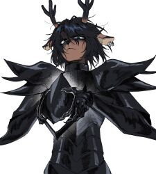 1girl animal_ears antlers armor black_armor black_hair black_horns blue_eyes commentary december_holiday deer_antlers deer_ears deltarune design_speculation earrings english_commentary furry furry_female helmet highres holding holding_helmet horns jewelry lina_gtk roaring_knight short_hair simple_background solo white_background