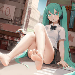 1girl aqua_eyes aqua_hair aqua_nails barefoot black_bow black_bowtie black_skirt blouse bow bowtie building city collared_shirt crosswalk foreshortening giant giantess hair_between_eyes hatsune_miku highres kyodai_shoujo_(vocaloid) long_hair miniskirt nail_polish open_mouth oshin0_(zheng) pleated_skirt road road_sign shirt short_sleeves sign sitting skirt solo spread_toes toenail_polish toenails toes traffic_light twintails vocaloid white_shirt