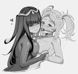 2girls absurdres ball_gag blunt_bangs blush bodysuit breast_press breasts chain collar cropped_torso fire_emblem fire_emblem_awakening gag gagged heart highres holding_hands large_breasts lissa_(fire_emblem) long_hair looking_at_viewer memeh monochrome multiple_girls nintendo saliva signature simple_background sweat tharja_(fire_emblem) twintails upper_body yuri