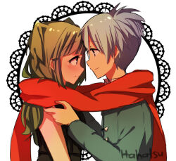 Rule 34 | 1boy, 1girl, ansatsu kyoushitsu, artist name, black dress, blue hair, blue jacket, dress, green hair, hanatsu04, jacket, kayano kaede, long hair, looking at another, red scarf, scarf, shared clothes, shared scarf, shiota nagisa, short hair, upper body
