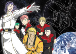 1girl 5boys belt blonde_hair character_request commentary_request earth_(planet) gloves green_eyes green_hair gundam gundam_mk_ii hairband hand_on_own_hip kashiwa_(kishiro) looking_at_viewer mecha military_rank_insignia military_uniform mobile_suit multiple_boys open_clothes open_shirt outstretched_arm paptimus_scirocco photo_background pink_hair planet purple_hair reaching robot sarah_zabiarov science_fiction space titans_(gundam) toned upper_body v-fin white_gloves yazan_gable zeta_gundam