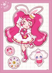 Rule 34 | 1girl, :p, animal ears, animal shoes, boots, border, bow, bowtie, choker, closed mouth, compact (cosmetics), cosmetics, cupcake, cure whip, deformed, dog, dot nose, dotted line, dress, earrings, floppy ears, food, food-themed clothes, food-themed hair ornament, food print, frilled dress, frilled sleeves, frills, fruit print, full body, gloves, grid background, hair ornament, hairband, hand on own head, happy, high heel boots, high heels, highres, jewelry, kirakira precure a la mode, knee boots, leg up, long hair, magical girl, outline, pekorin (precure), pink bag, pink border, pink bow, pink bowtie, pink choker, pink eyes, pink hair, pink hairband, pom pom (clothes), pom pom earrings, precure, puffy short sleeves, puffy sleeves, rabbit ears, rabbit girl, short dress, short sleeves, sign, signature, smile, square neckline, strawberry brooch, strawberry print, tareme, tongue, tongue out, twintails, two-tone bag, usami ichika, uwded 207, very long hair, waist bag, waist bow, wavy hair, white background, white dress, white gloves, white outline, yellow bag