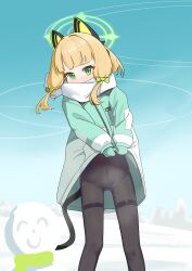 1girl absurdres animal_ear_headphones animal_ears black_pantyhose black_tail blonde_hair blue_archive blue_sky blunt_bangs blush bow cat_ear_headphones cat_ears cat_tail character_snowman chinese_commentary coat coat_lift commentary_request covered_mouth crotch_seam doodle_sensei_(blue_archive) eyes_visible_through_hair fake_animal_ears fake_tail feet_out_of_frame green_bow green_coat green_eyes green_halo green_mittens green_scarf hair_bow halo headphones highres knees lifting_own_clothes long_sleeves looking_at_viewer low-tied_sidelocks marshal_(artist) midori_(blue_archive) midori_(winter)_(blue_archive) mittens mixed-language_commentary multicolored_coat no_pants nose_blush official_alternate_costume outdoors pantyhose partial_commentary pigeon-toed puffy_long_sleeves puffy_sleeves scarf scarf_bow sensei_(blue_archive) short_hair sidelocks sky snow solo standing tail thighband_pantyhose white_coat white_scarf winter winter_clothes