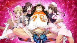 1boy 5girls antenna_hair aqua_eyes belt belt_buckle black_bow black_hair black_vest blonde_hair blue_eyes blue_ribbon blue_shoes boots bow brown_eyes brown_hair buckle butterfly_sitting clenched_teeth clothes_lift daitoku_junna dark-skinned_female dark_skin dress drooling ears_visible_through_hair fat fat_man floating fukuda_tomonori glasses green_eyes grey_hair grey_shorts grin hair_between_eyes hair_bow hand_on_another&#039;s_shoulder hand_on_another&#039;s_stomach hand_under_clothes harem hashida_itaru hat high_heels highres holding holding_syringe hood hooded_vest hoodie koujiro_frau light_particles long_hair looking_at_another lotus_position meditation medium_hair mouth_drool mudra multiple_girls multiple_hair_bows navel non-web_source nurse nurse_cap official_art opaque_glasses orange_shirt orange_shorts pantyhose pervert pink_dress ponytail purple_background ribbon robotics;notes saliva senomiya_akiho shirt shoelaces shoes short_hair shorts side_ponytail sidelocks single_sidelock sitting sleeveless_vest smile sneakers stray_hair striped_clothes striped_shirt striped_shorts syringe t-shirt tan teeth tennouji_nae thick_thighs thighhighs thighs v-shaped_eyebrows vest white_belt white_boots white_shirt white_thighhighs wristband yellow_eyes yukifune_airi zettai_ryouiki
