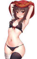 Rule 34 | 1girl, absurdres, armpits, arms up, bandaged arm, bandaged leg, bandages, bare shoulders, black bra, black panties, black thighhighs, blush, bra, breasts, brown hair, collarbone, cowboy shot, dress, frilled bra, frilled panties, frills, hair over shoulder, highres, kono subarashii sekai ni shukufuku wo!, long hair, looking at viewer, medium breasts, megumin, navel, nose blush, open mouth, panties, parted lips, pear-shaped figure, red eyes, short hair, short hair with long locks, simple background, single thighhigh, skindentation, small breasts, solo, stomach, sunhyun, thighhighs, thighs, underwear, undressing, white background