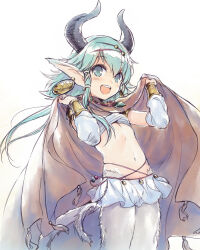 1girl :d aht animal_ears bad_id bad_pixiv_id blue_eyes bracelet brown_cloak cloak commentary detached_sleeves earrings flat_chest goat_horns goat_tail gold_bracelet green_hair hair_between_eyes hands_up horns jewelry large_earrings light_blush long_hair looking_at_viewer midriff miniskirt monster_girl navel necklace no_pupils open_mouth pointy_ears radiant_historia satyr sidelocks simple_background skirt smile solo teeth upper_teeth_only utsugi_(skydream) white_background